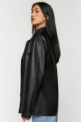 Faux Leather Snap-Button Shacket
