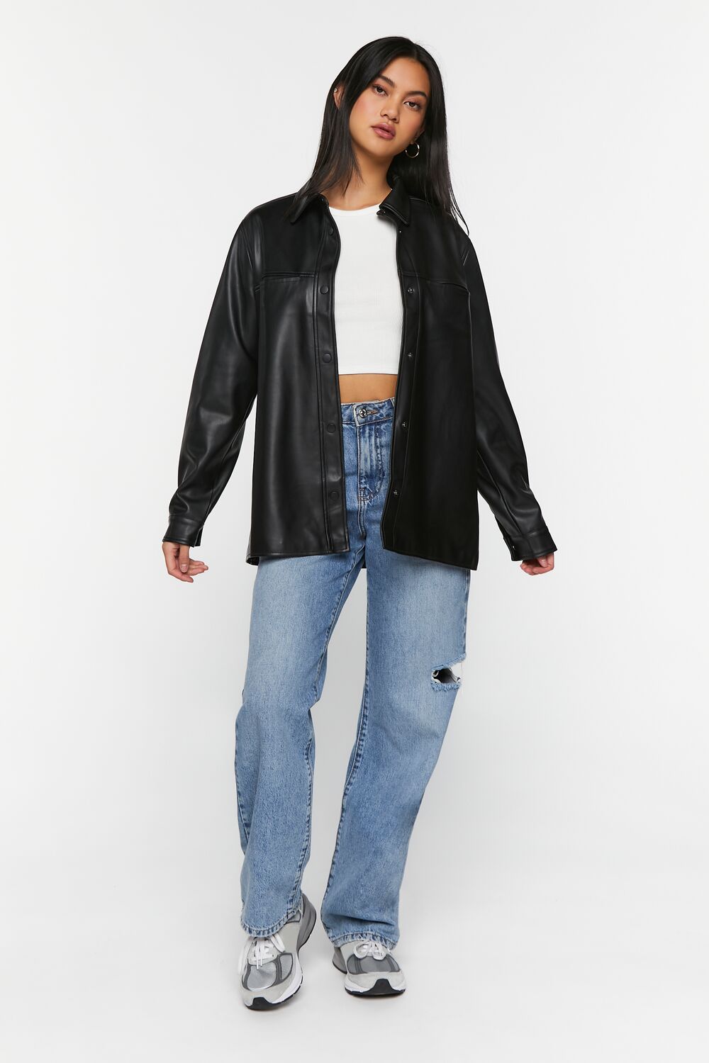 Faux Leather Snap-Button Shacket