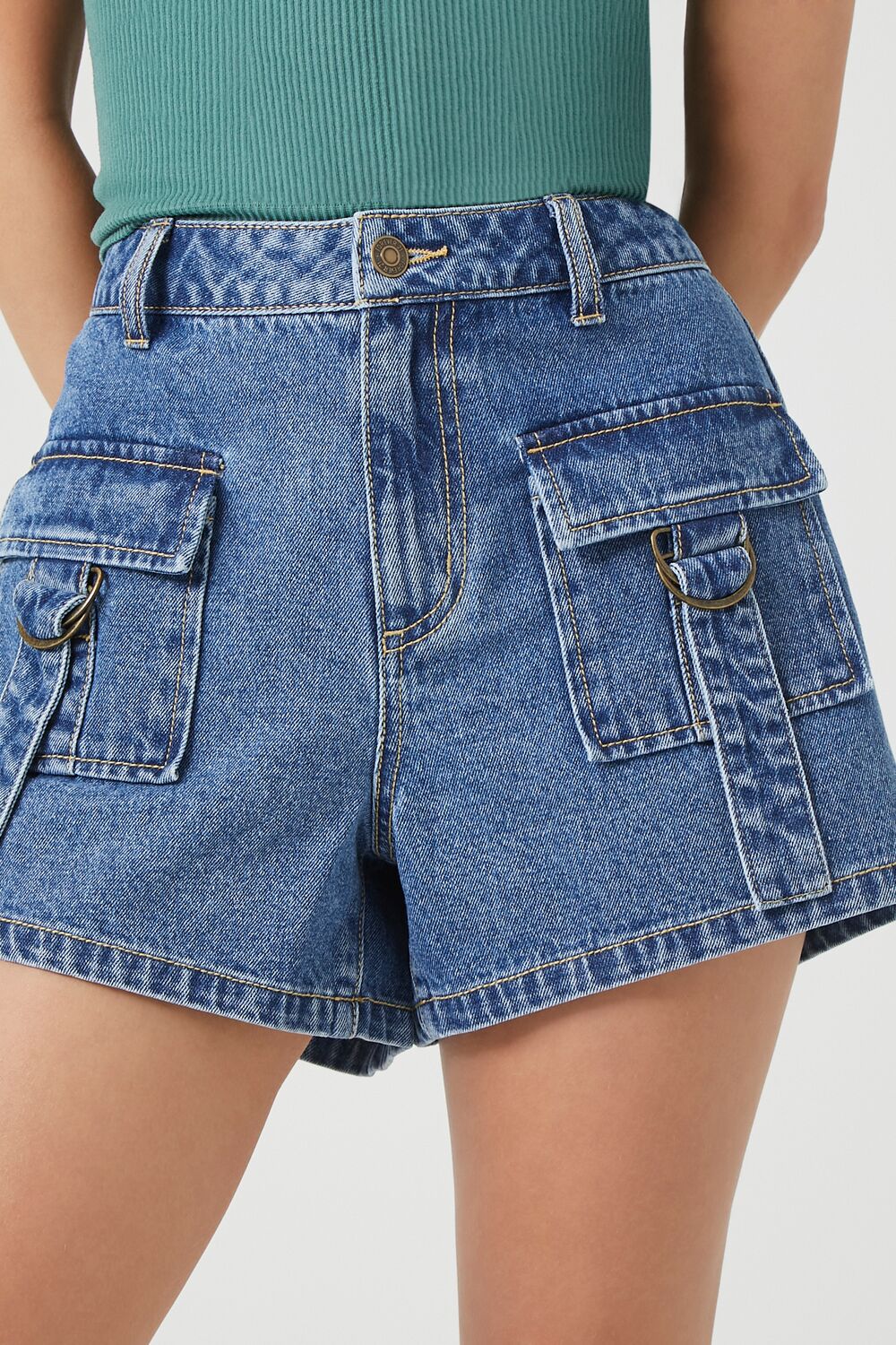 High-Rise Cargo Denim Shorts
