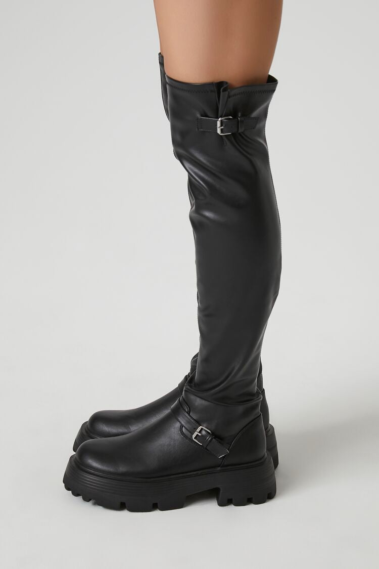 Buckled Faux Leather Knee-High Boots