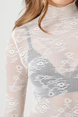 Sheer Lace Mock Neck Top