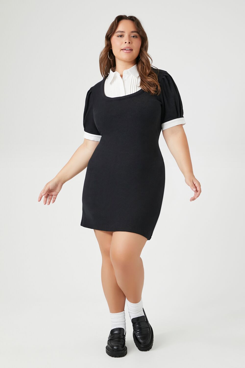 Plus Size Combo Sweater Shirt Mini Dress