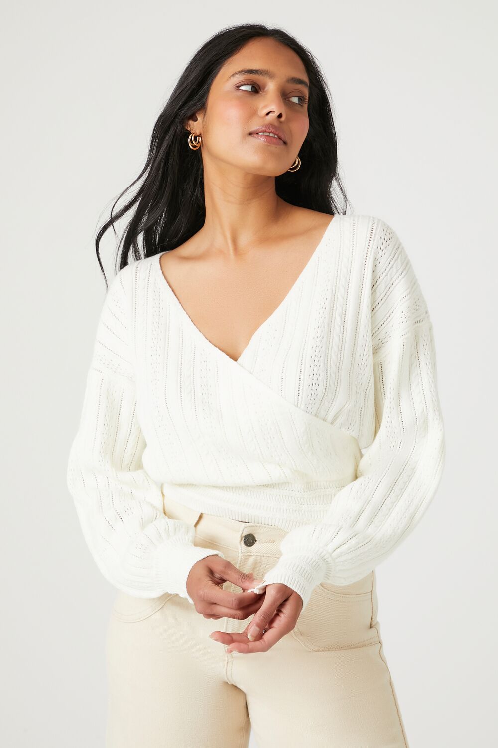 Ribbed Pointelle Knit Surplice Sweater