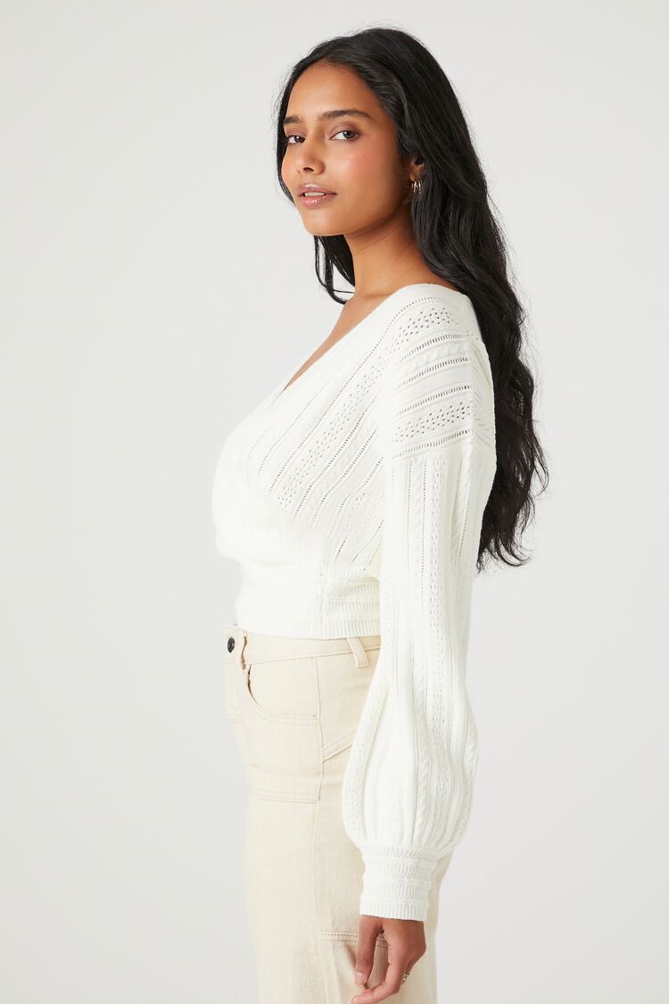 Ribbed Pointelle Knit Surplice Sweater