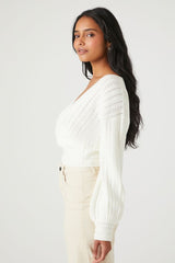 Ribbed Pointelle Knit Surplice Sweater