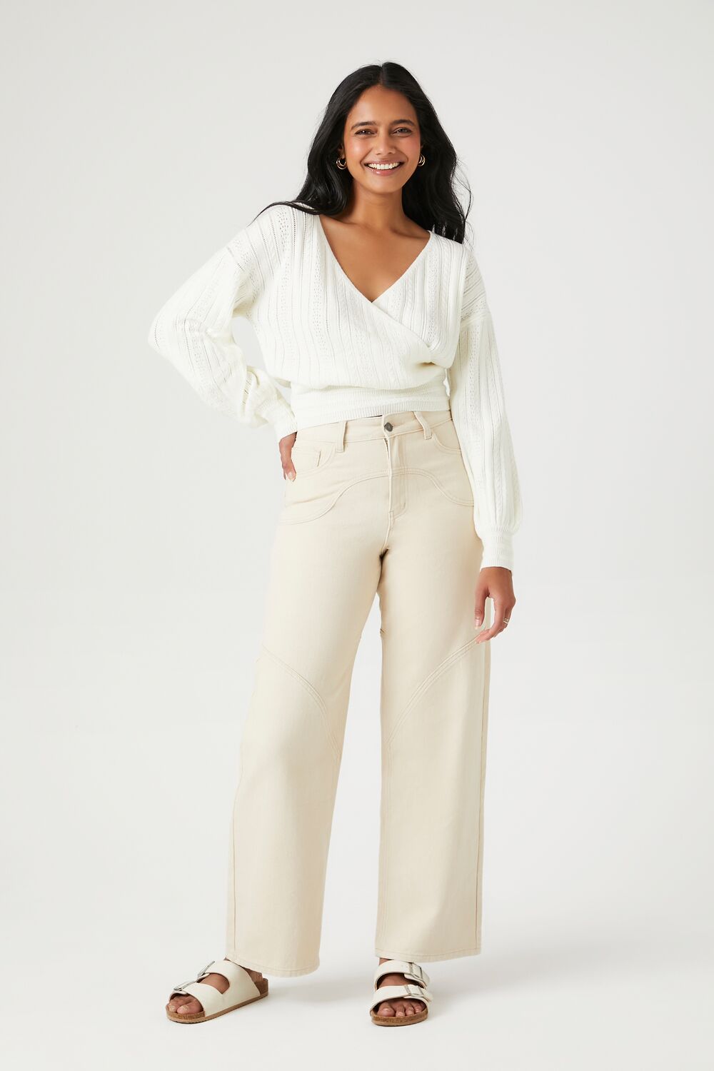 Ribbed Pointelle Knit Surplice Sweater