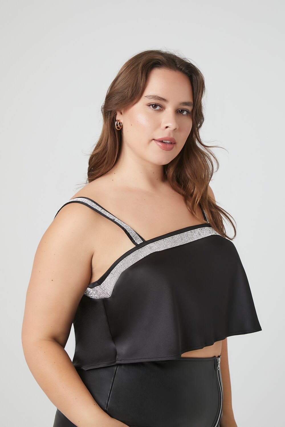 Plus Size Satin Rhinestone-Trim Crop Top