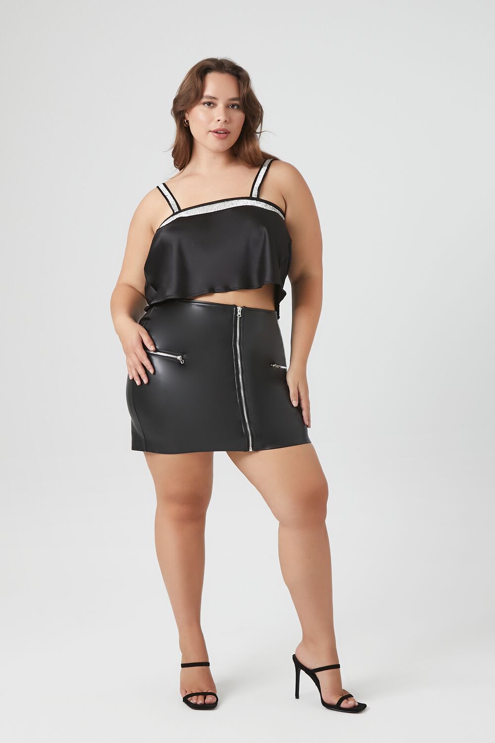 Plus Size Satin Rhinestone-Trim Crop Top