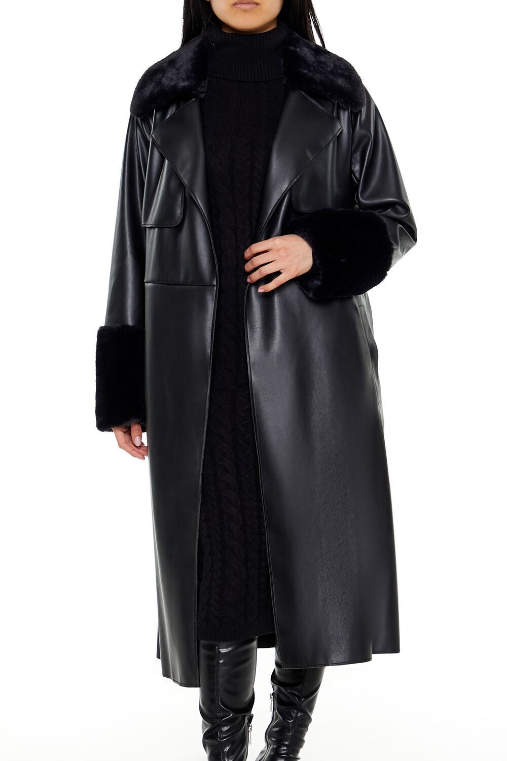 Faux Fur-Trim Trench Coat