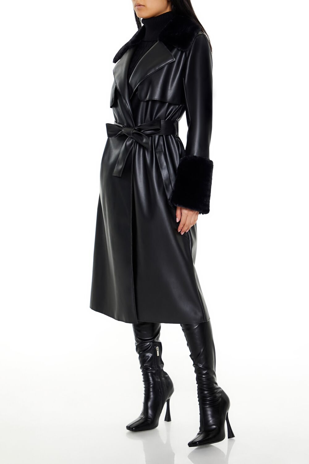 Faux Fur-Trim Trench Coat