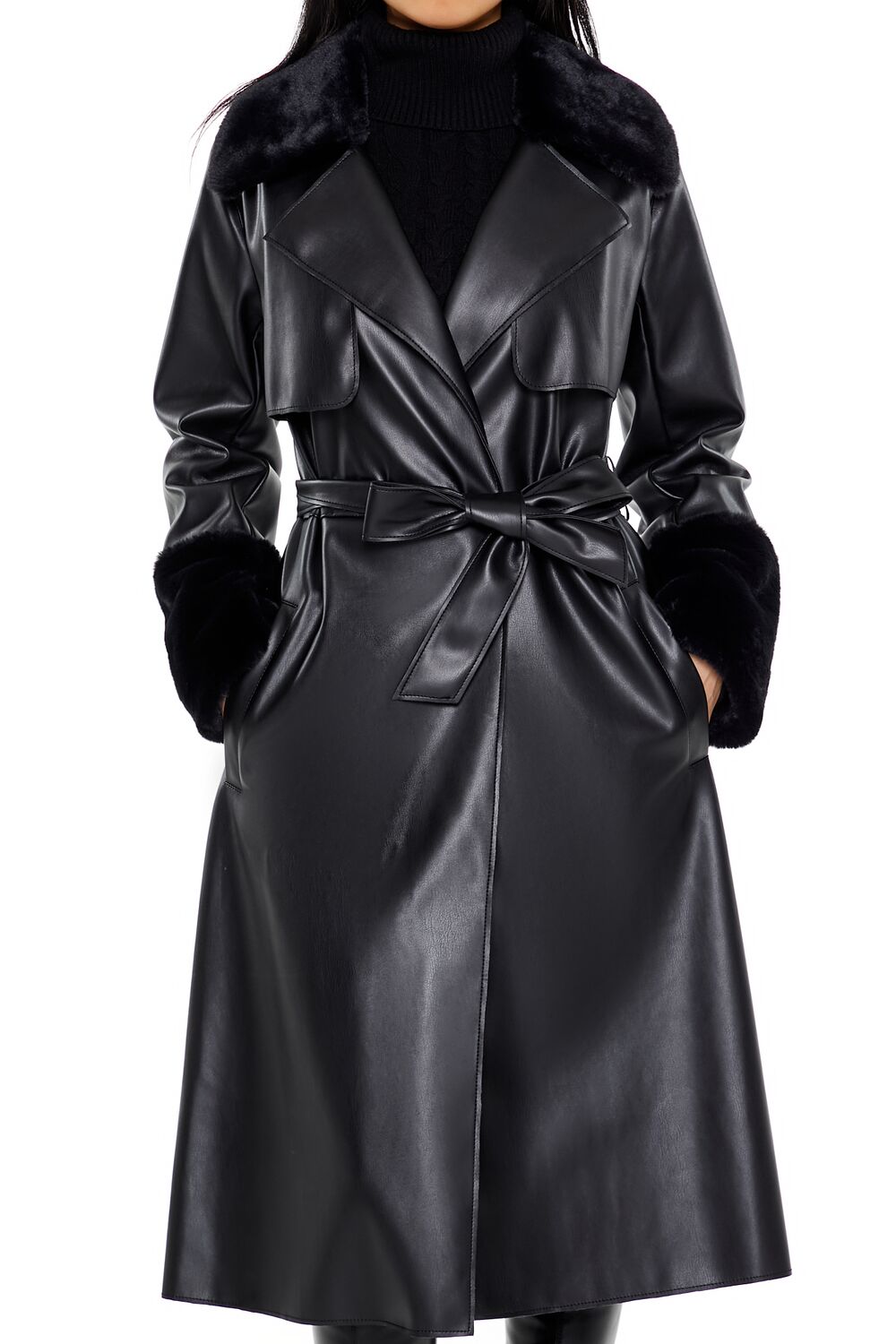 Faux Fur-Trim Trench Coat