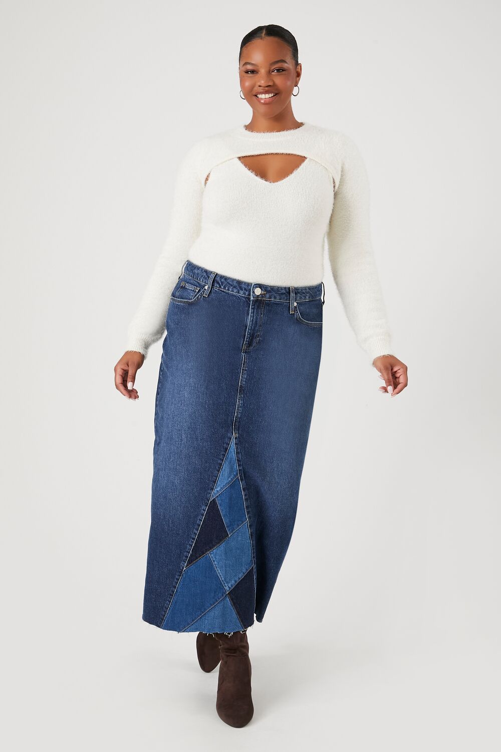 Plus Size Patchwork Denim Maxi Skirt
