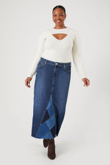Plus Size Patchwork Denim Maxi Skirt