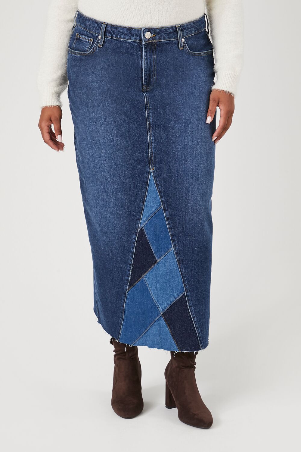 Plus Size Patchwork Denim Maxi Skirt
