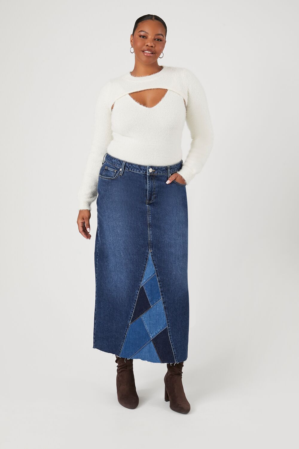 Plus Size Patchwork Denim Maxi Skirt