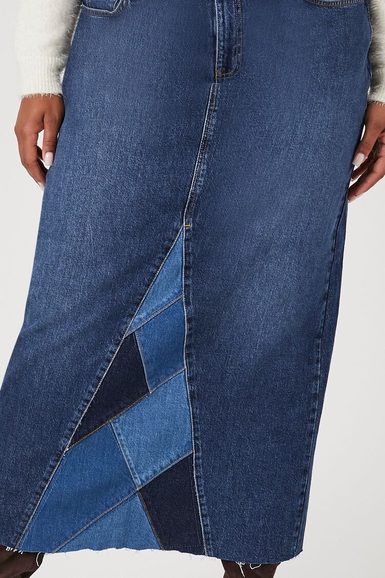 Plus Size Patchwork Denim Maxi Skirt