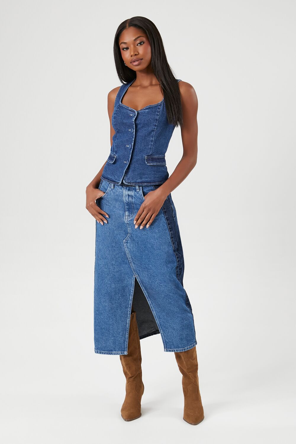Colorblock Denim Midi Skirt