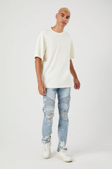 Distressed Bleach-Dye Moto Jeans