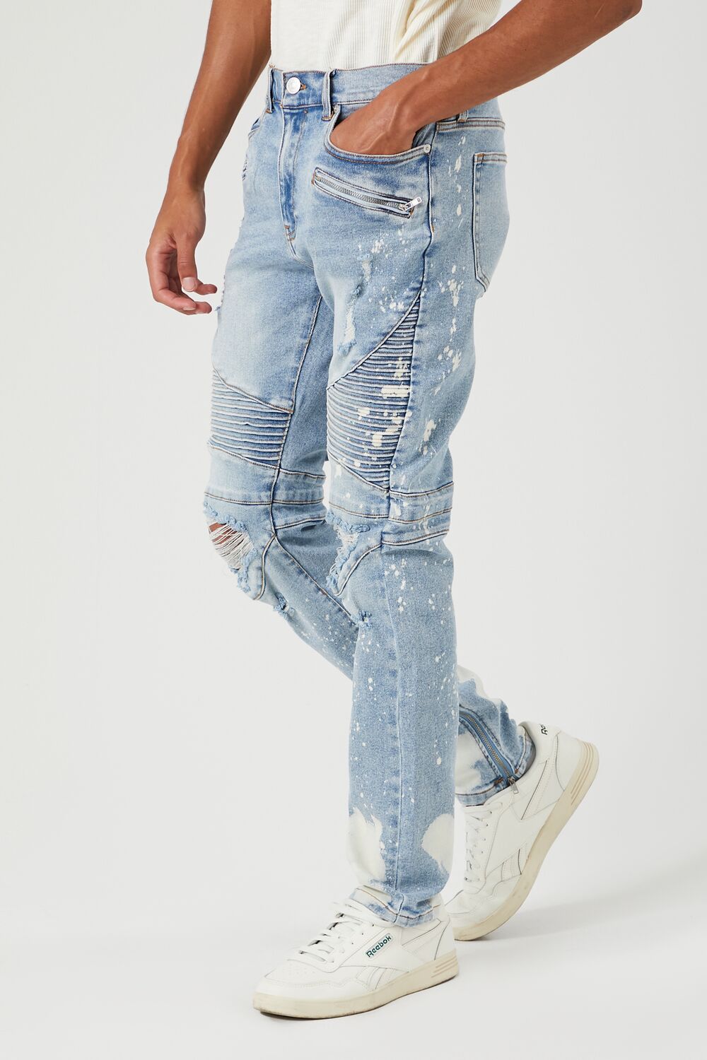 Distressed Bleach-Dye Moto Jeans