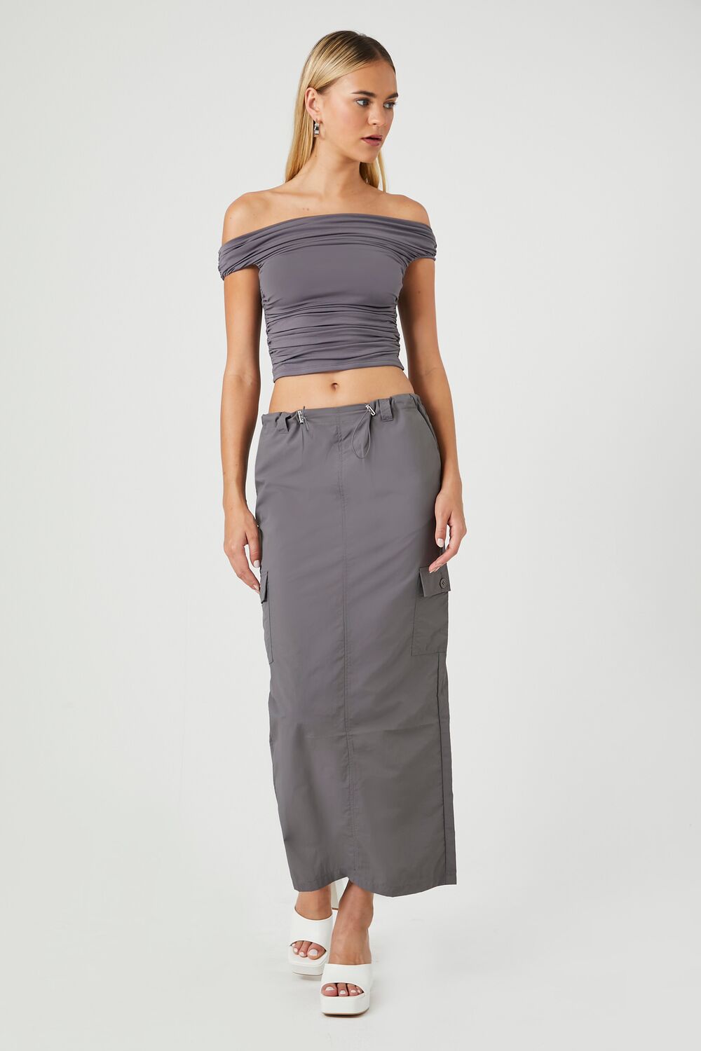 Twill Toggle Drawstring Midi Skirt