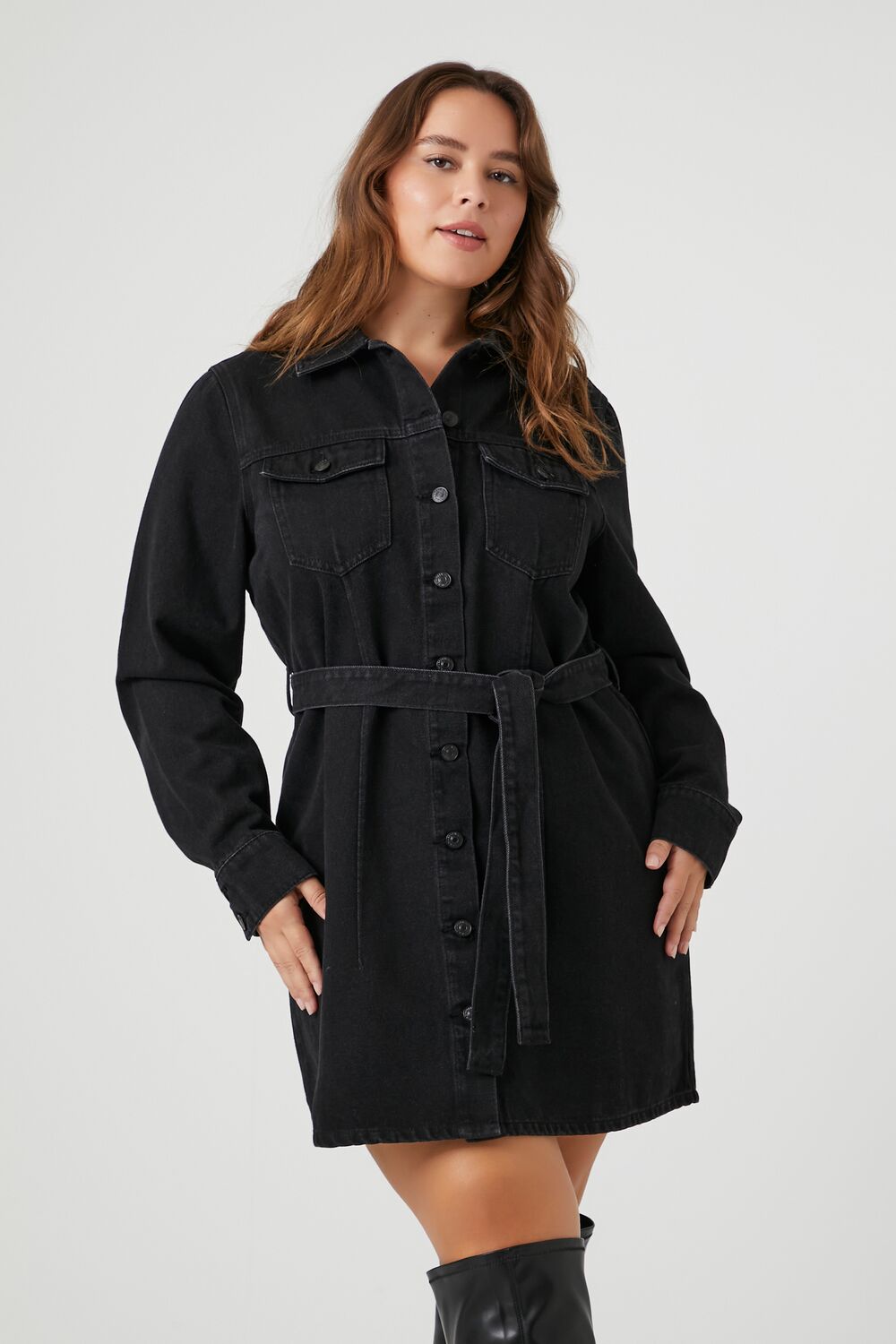 Plus Size Tie-Front Denim Shirt Dress