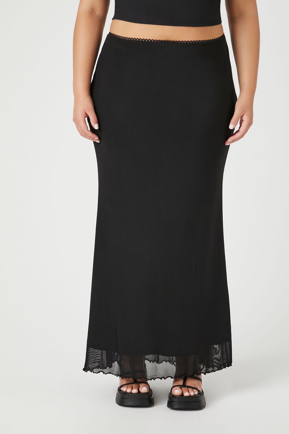 Plus Size Mesh Lettuce-Edge Maxi Skirt