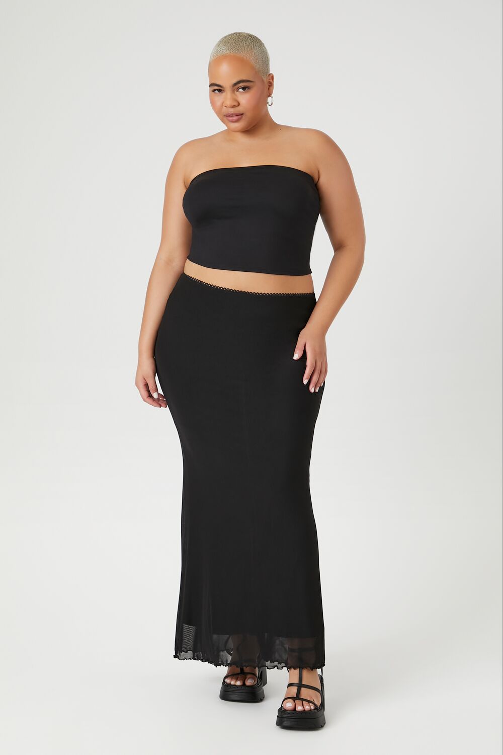 Plus Size Mesh Lettuce-Edge Maxi Skirt