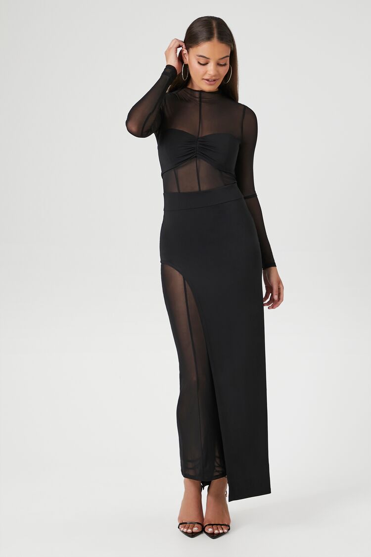 Sheer Mesh Asymmetrical Maxi Dress