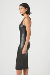 Faux Leather Slit Midi Dress
