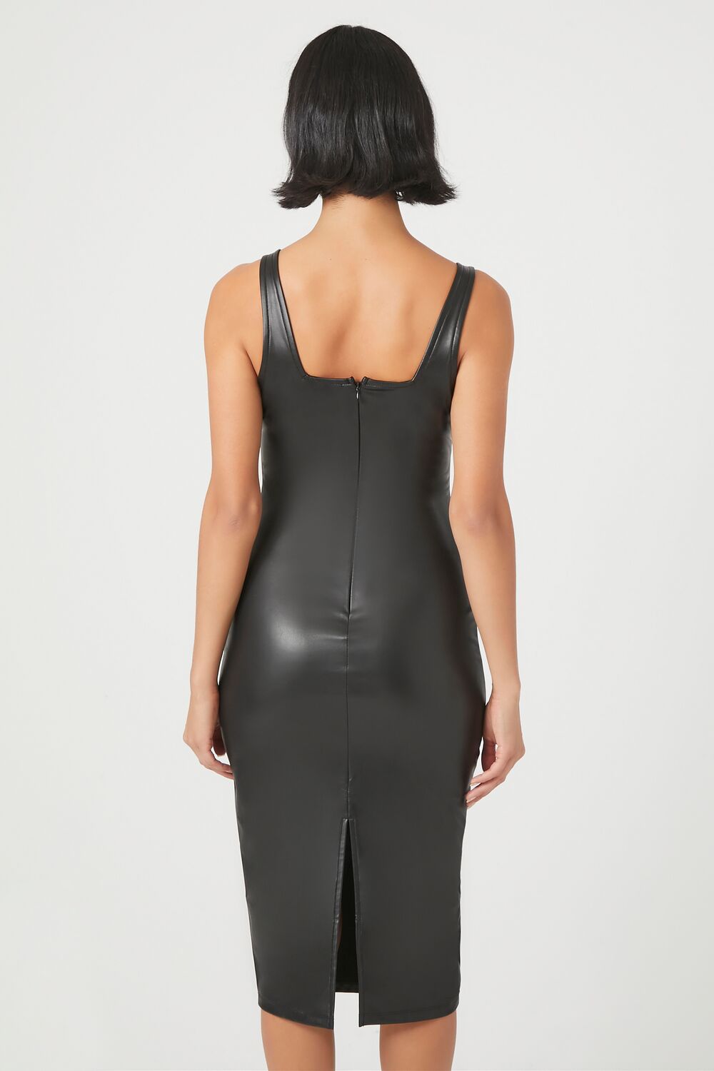 Faux Leather Slit Midi Dress