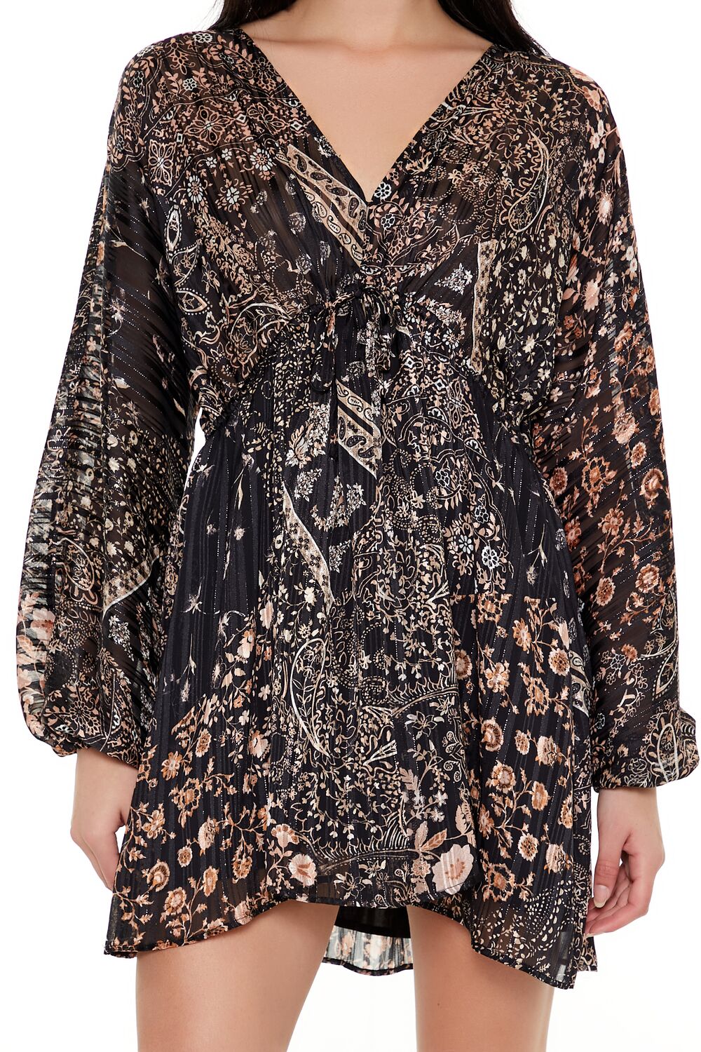 Satin Paisley Plunging V-Neck Mini Dress