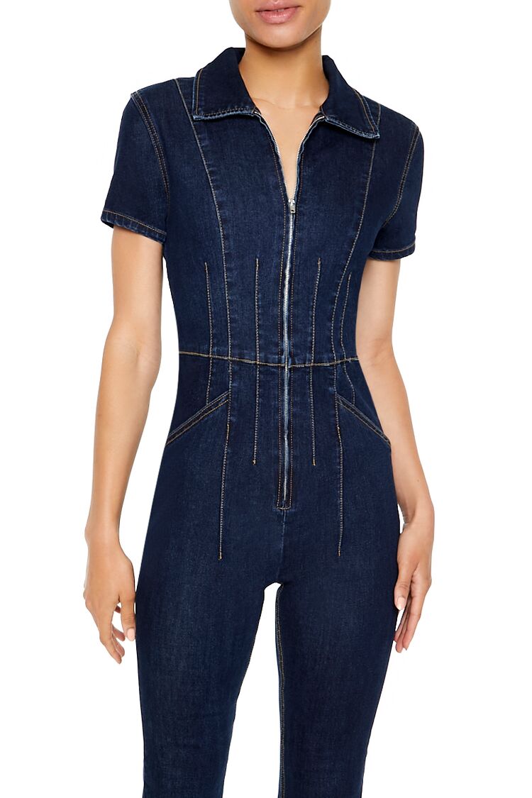 Zip-Up Denim Short-Sleeve Jumpsuit