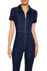 Zip-Up Denim Short-Sleeve Jumpsuit
