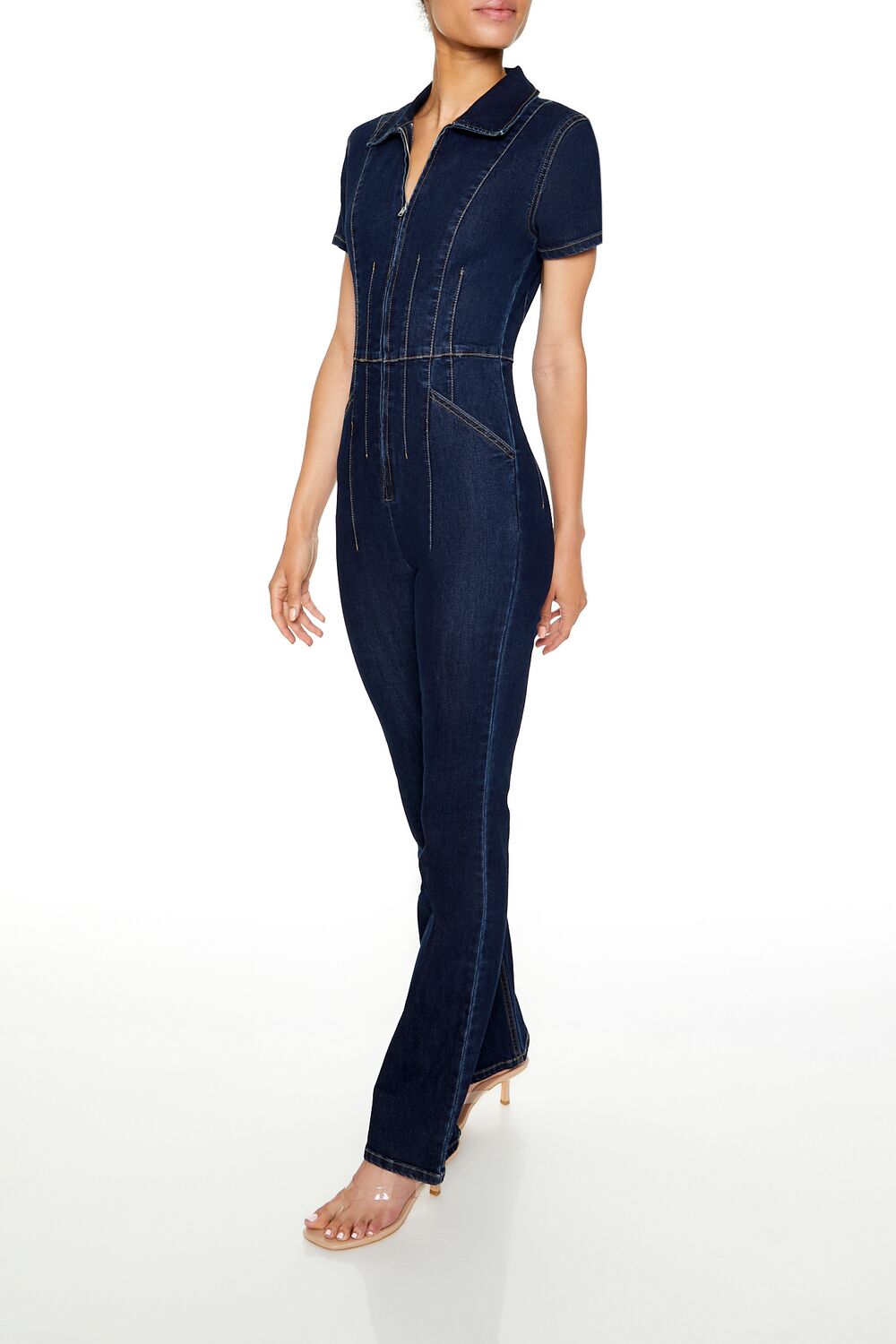 Zip-Up Denim Short-Sleeve Jumpsuit