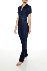 Zip-Up Denim Short-Sleeve Jumpsuit
