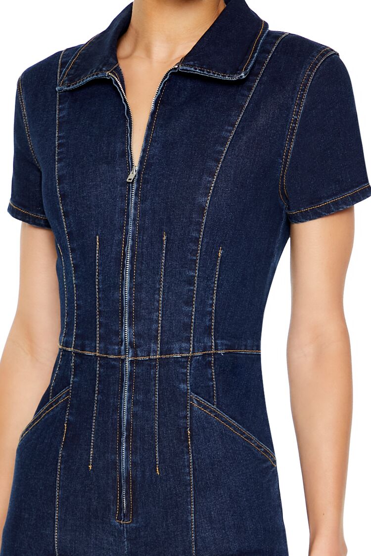 Zip-Up Denim Short-Sleeve Jumpsuit