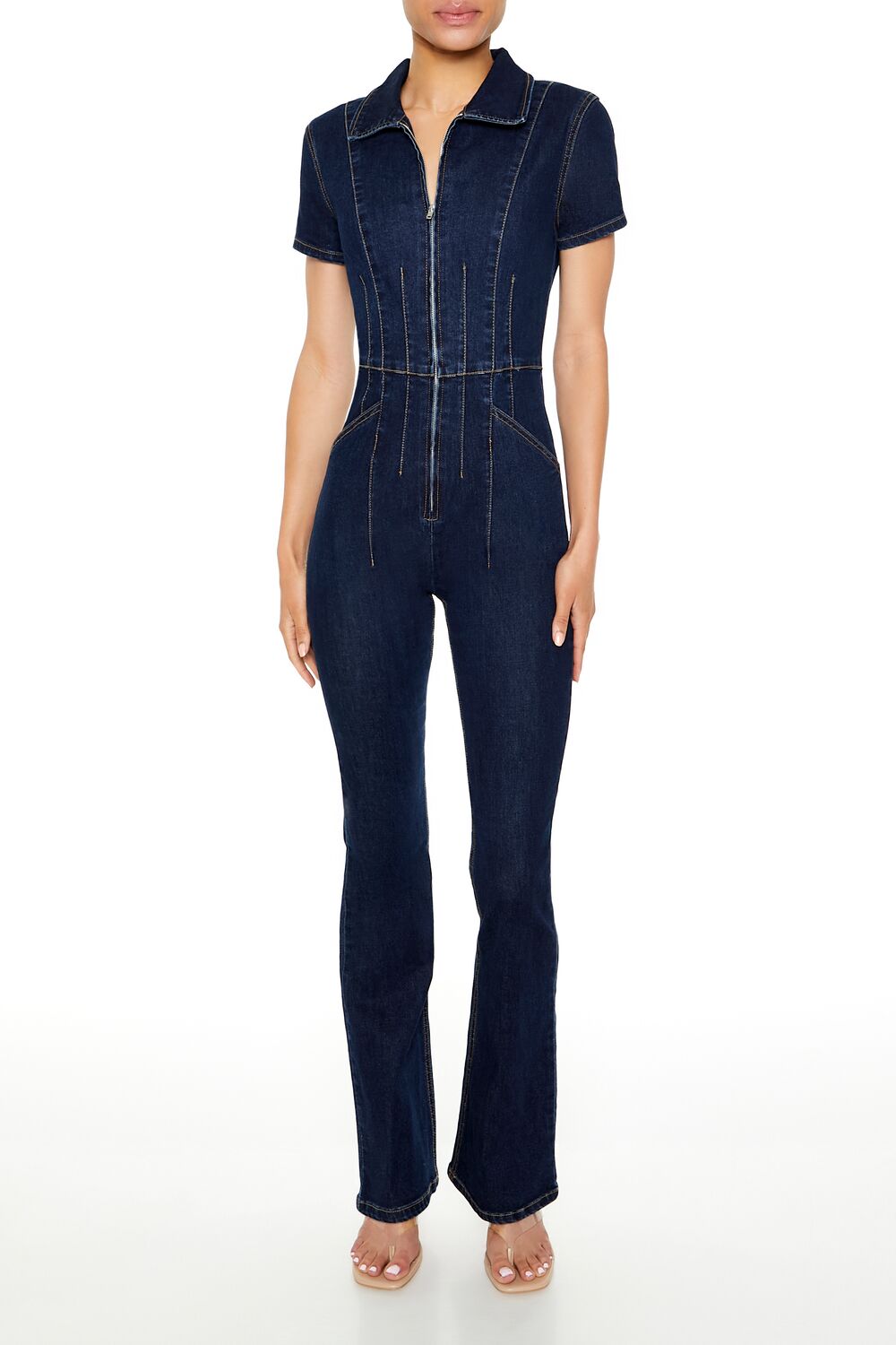 Zip-Up Denim Short-Sleeve Jumpsuit