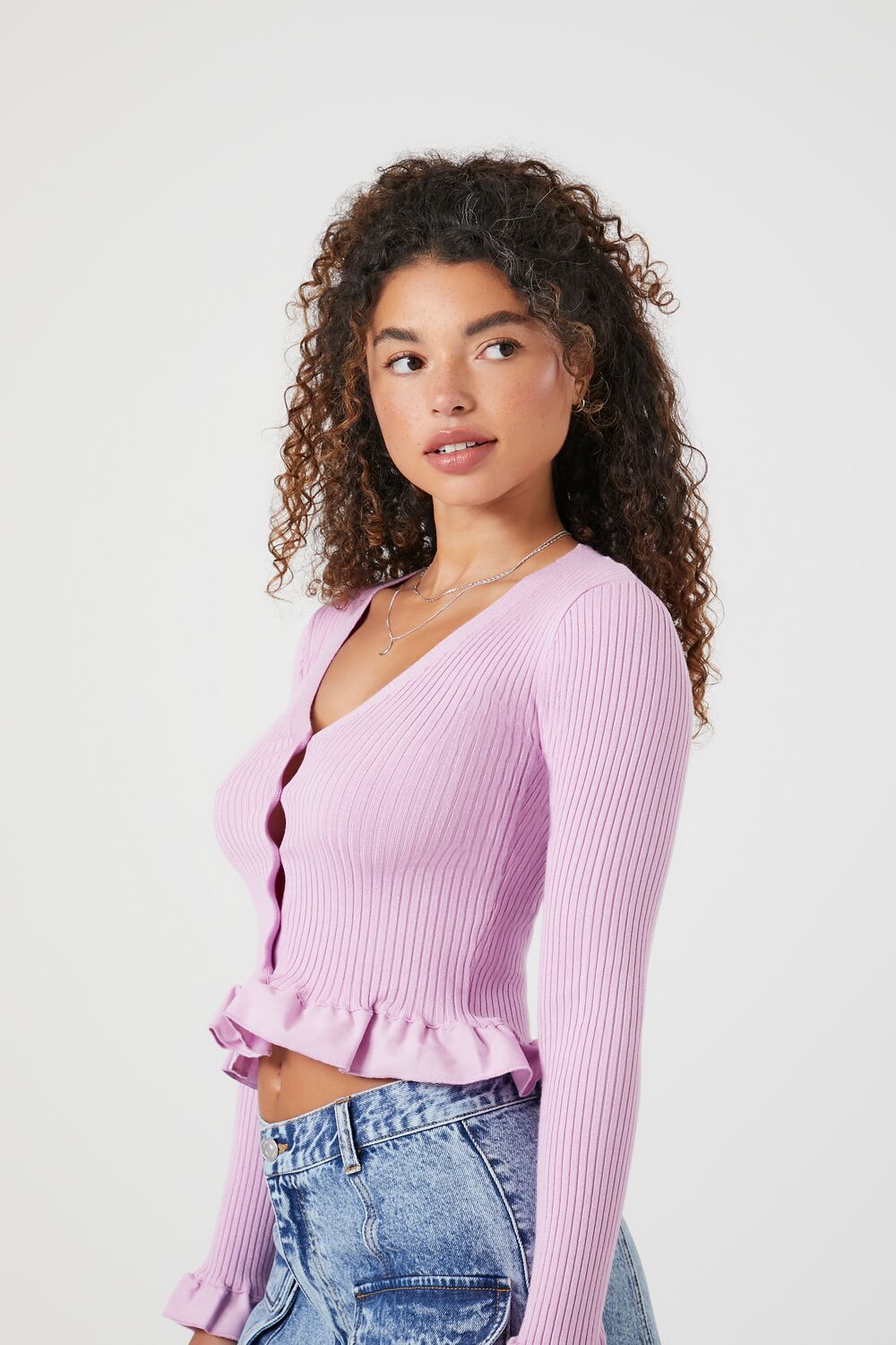 Ruffle-Trim Cropped Cardigan Sweater