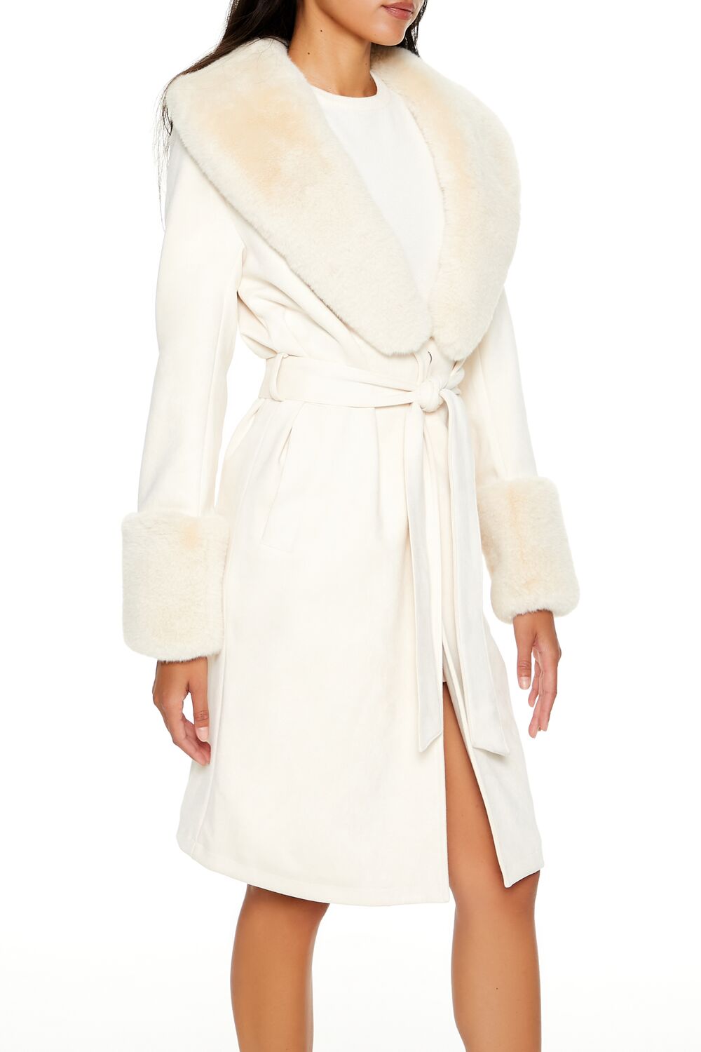 Faux Fur-Trim Faux Suede Trench Coat