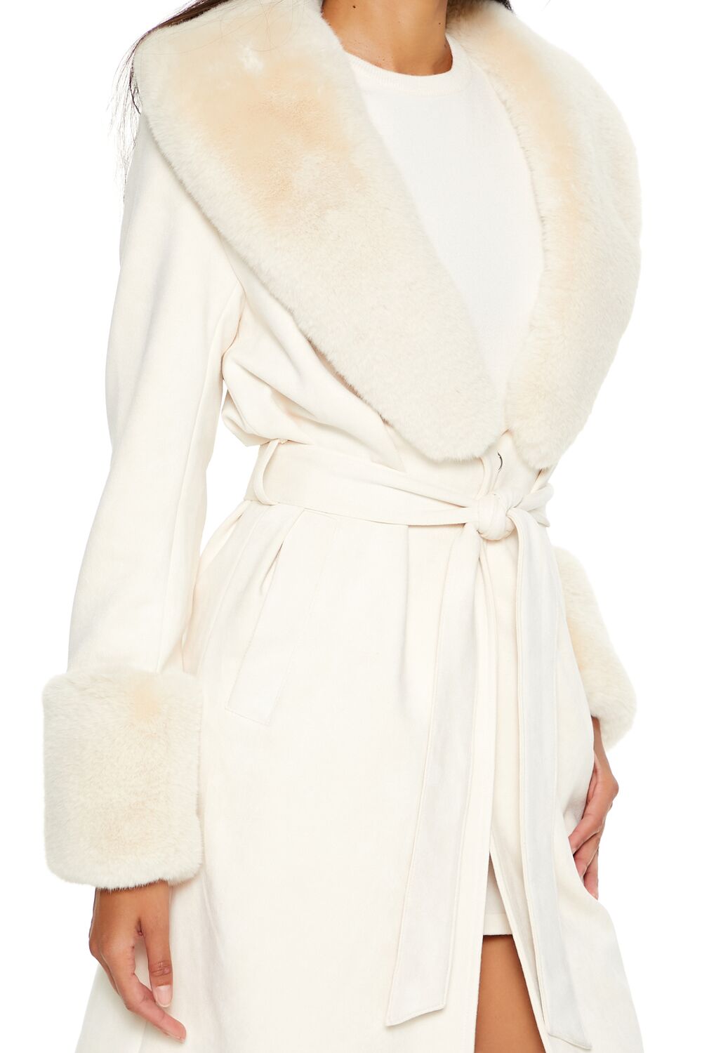 Faux Fur-Trim Faux Suede Trench Coat