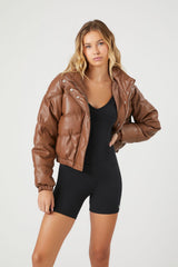Cropped Faux Leather Puffer Jacket