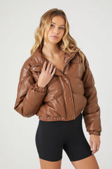 Cropped Faux Leather Puffer Jacket