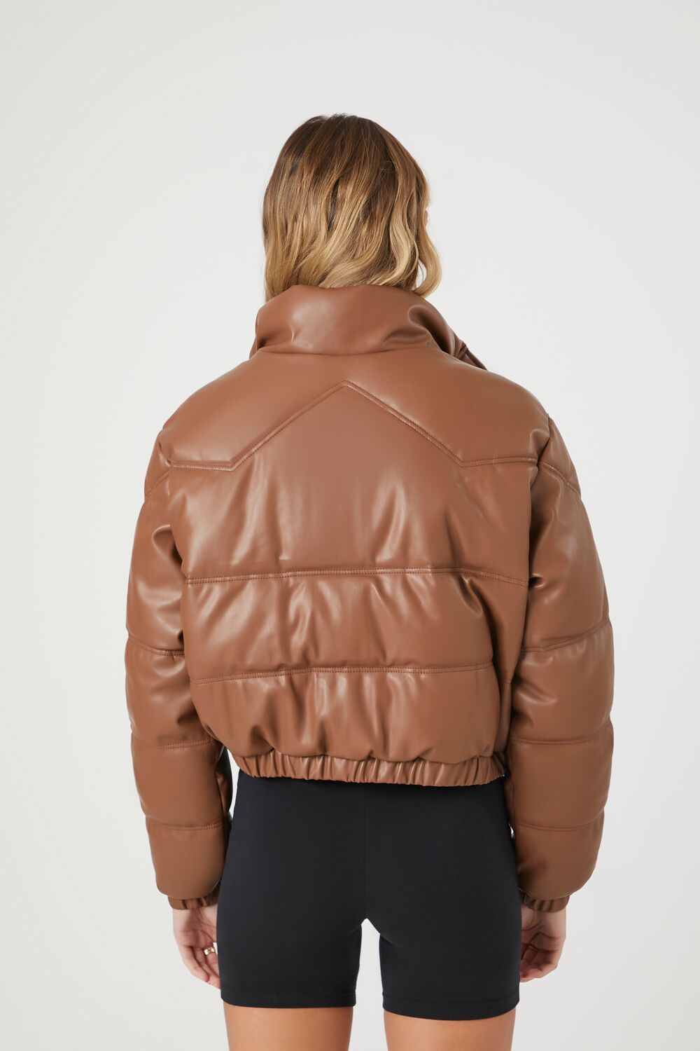 Cropped Faux Leather Puffer Jacket