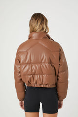 Cropped Faux Leather Puffer Jacket