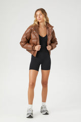Cropped Faux Leather Puffer Jacket