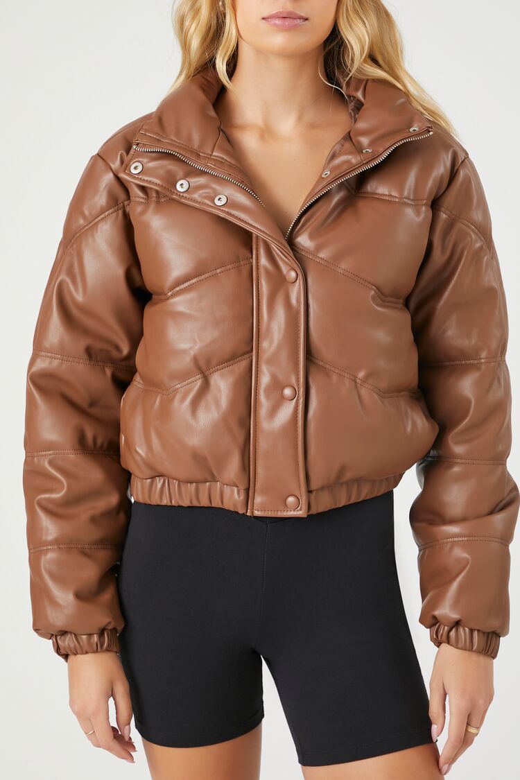 Cropped Faux Leather Puffer Jacket