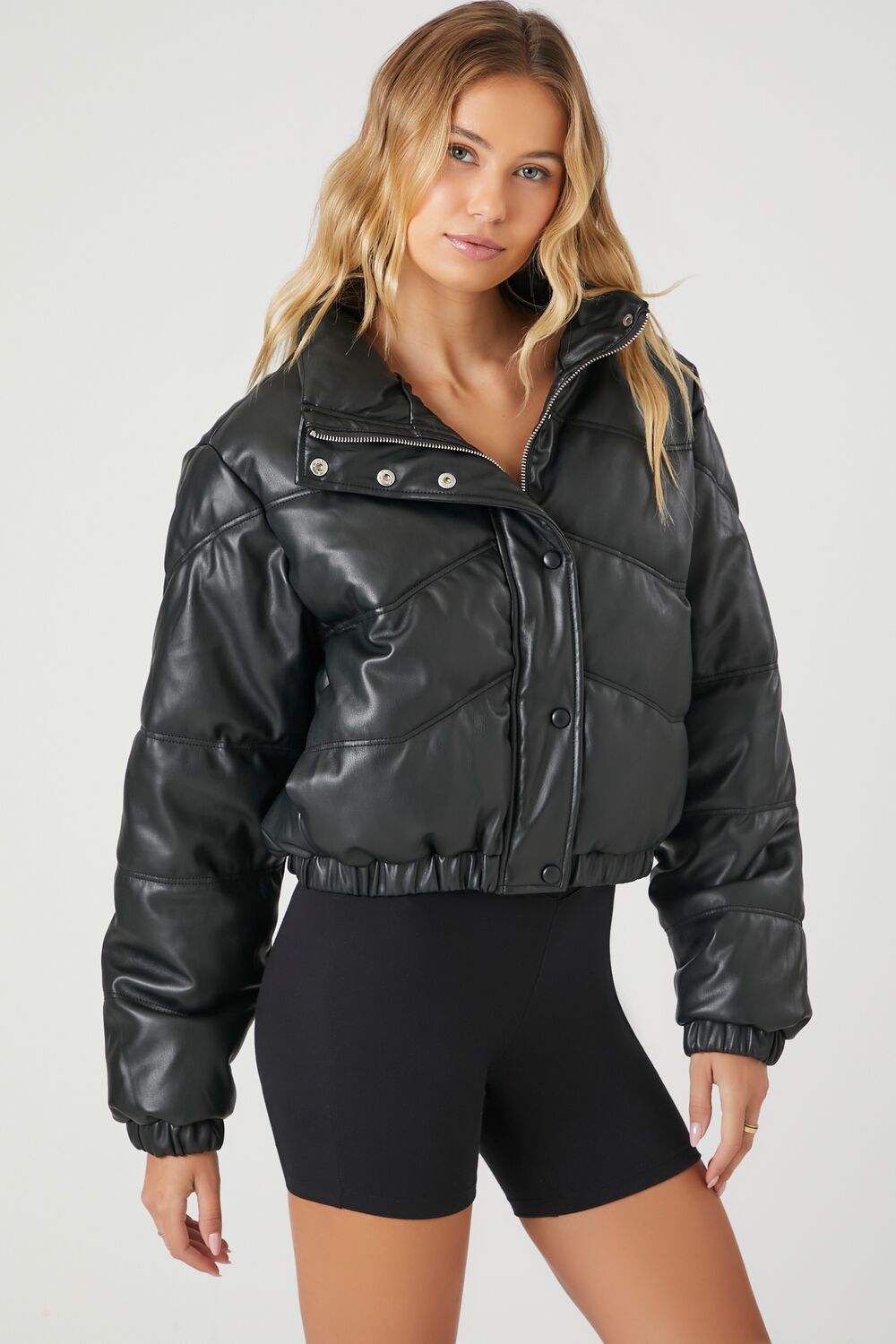 Cropped Faux Leather Puffer Jacket
