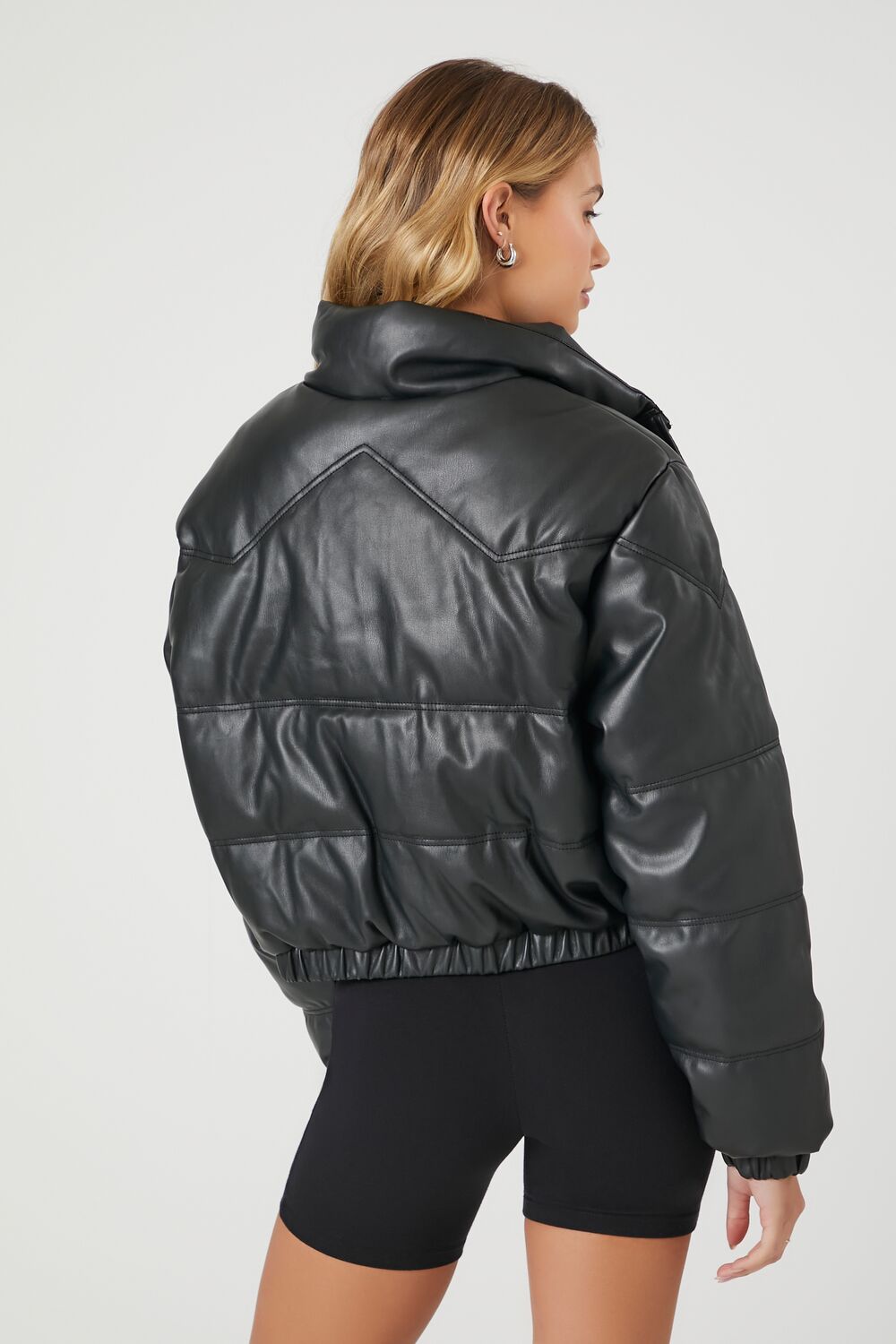 Cropped Faux Leather Puffer Jacket