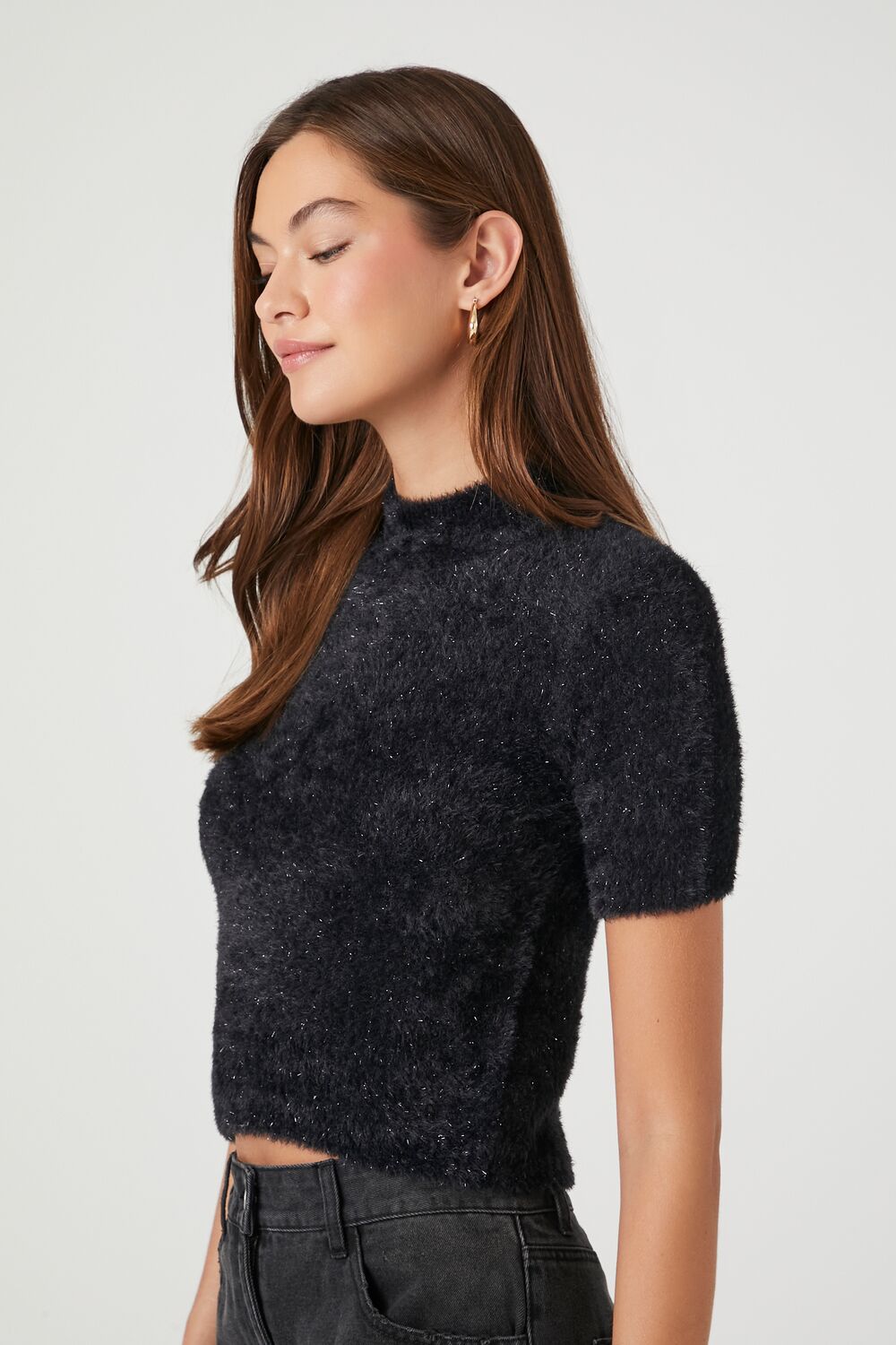 Fuzzy Mock Neck Cropped Tee