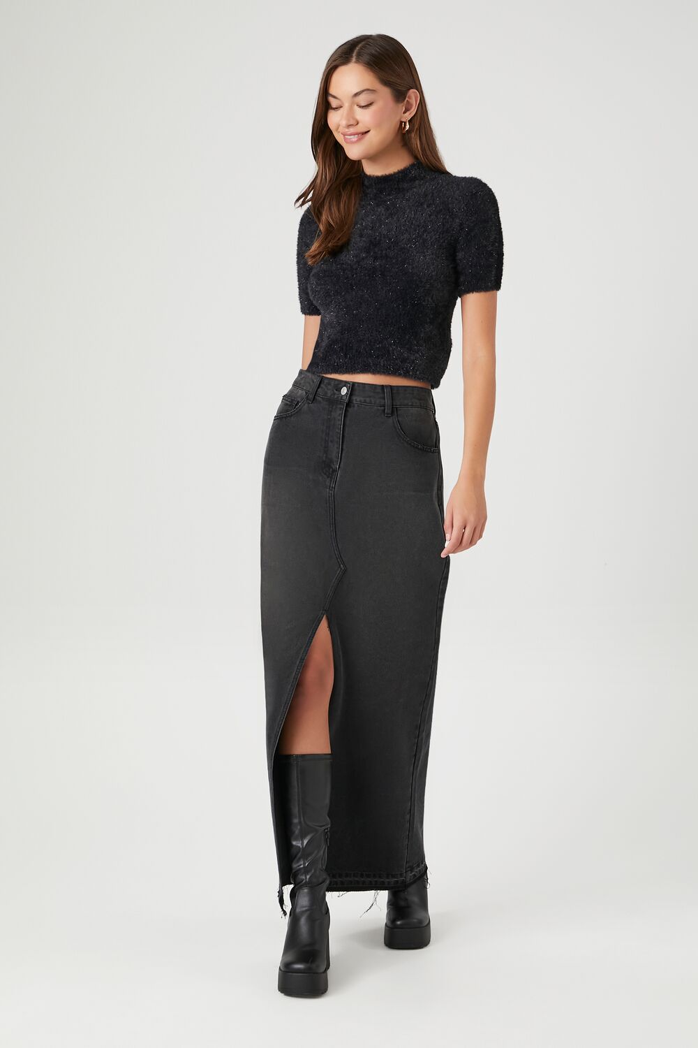 Fuzzy Mock Neck Cropped Tee